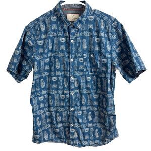 Flag & Anthem Mens Size M Blue Short Sleeve Shirt Car Print Preppy‎ Button Up